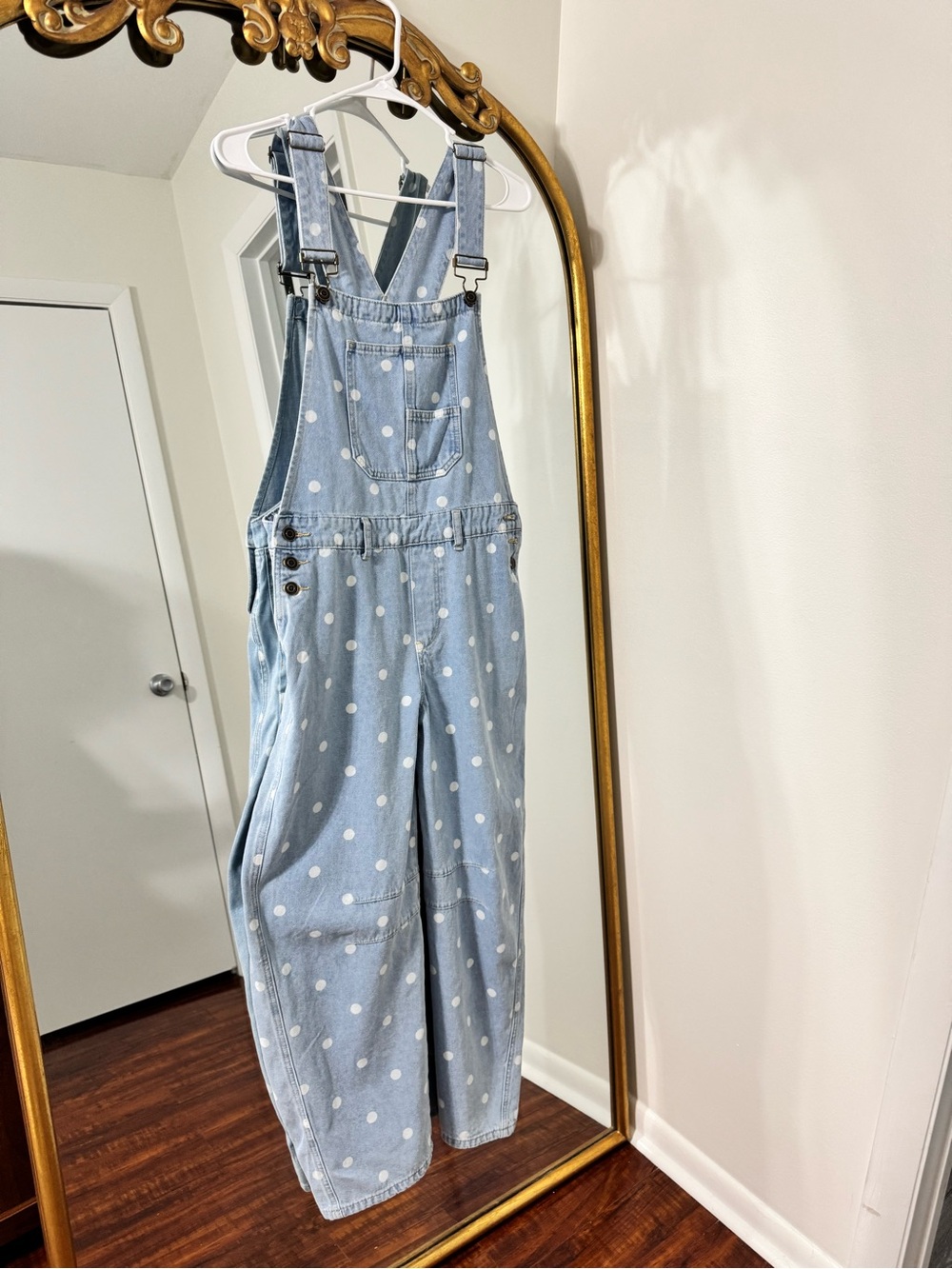 Peach Love California Light Blue Polka Dot Denim Overalls